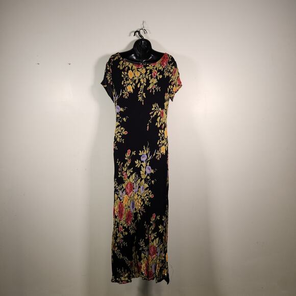PARADISE NY Vtg 90s Y2K Maxi Dress Womens 12 Black Multi Floral Sequins Cottage - Picture 3 of 12